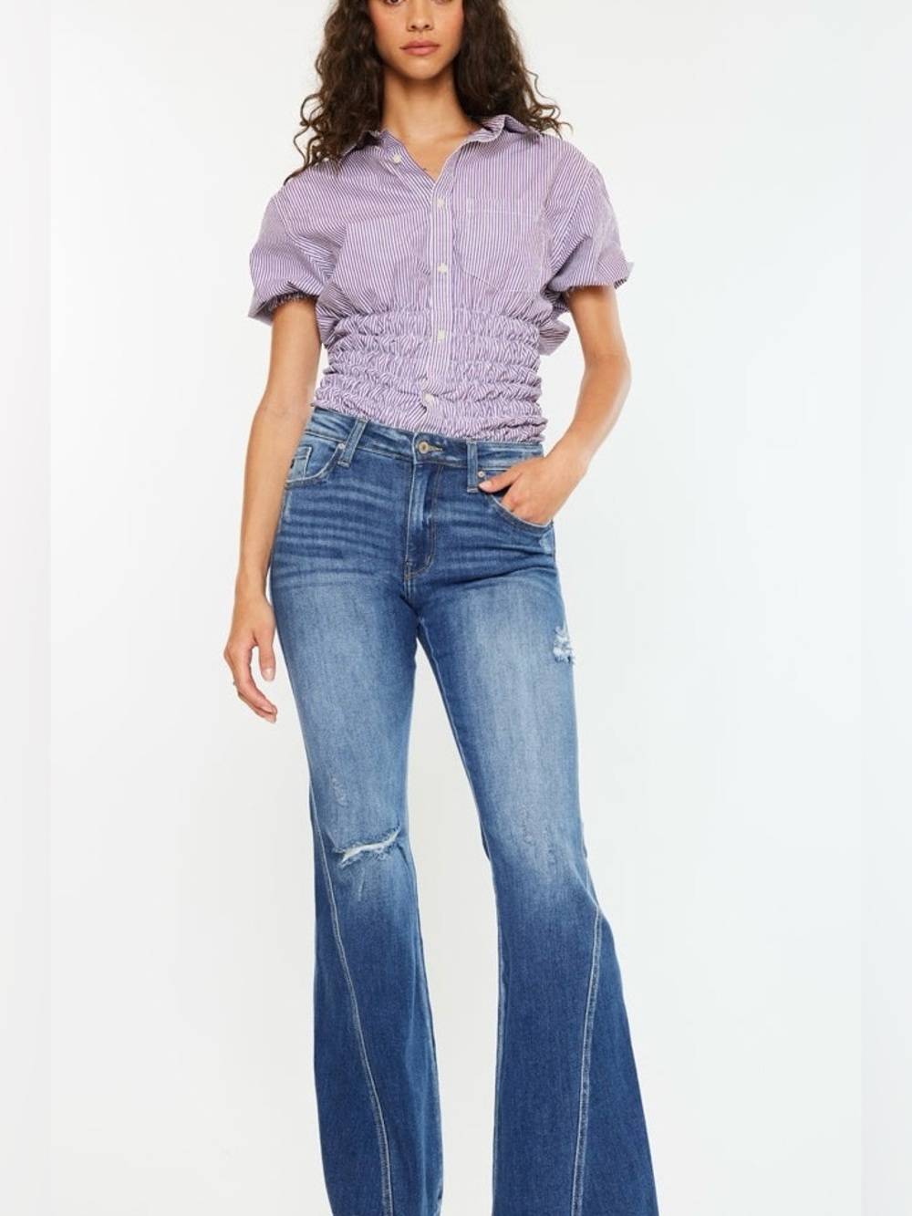 KanCan Bali High Rise Super Flare Distressed Jeans W/ Twisted Seams And Raw Hem